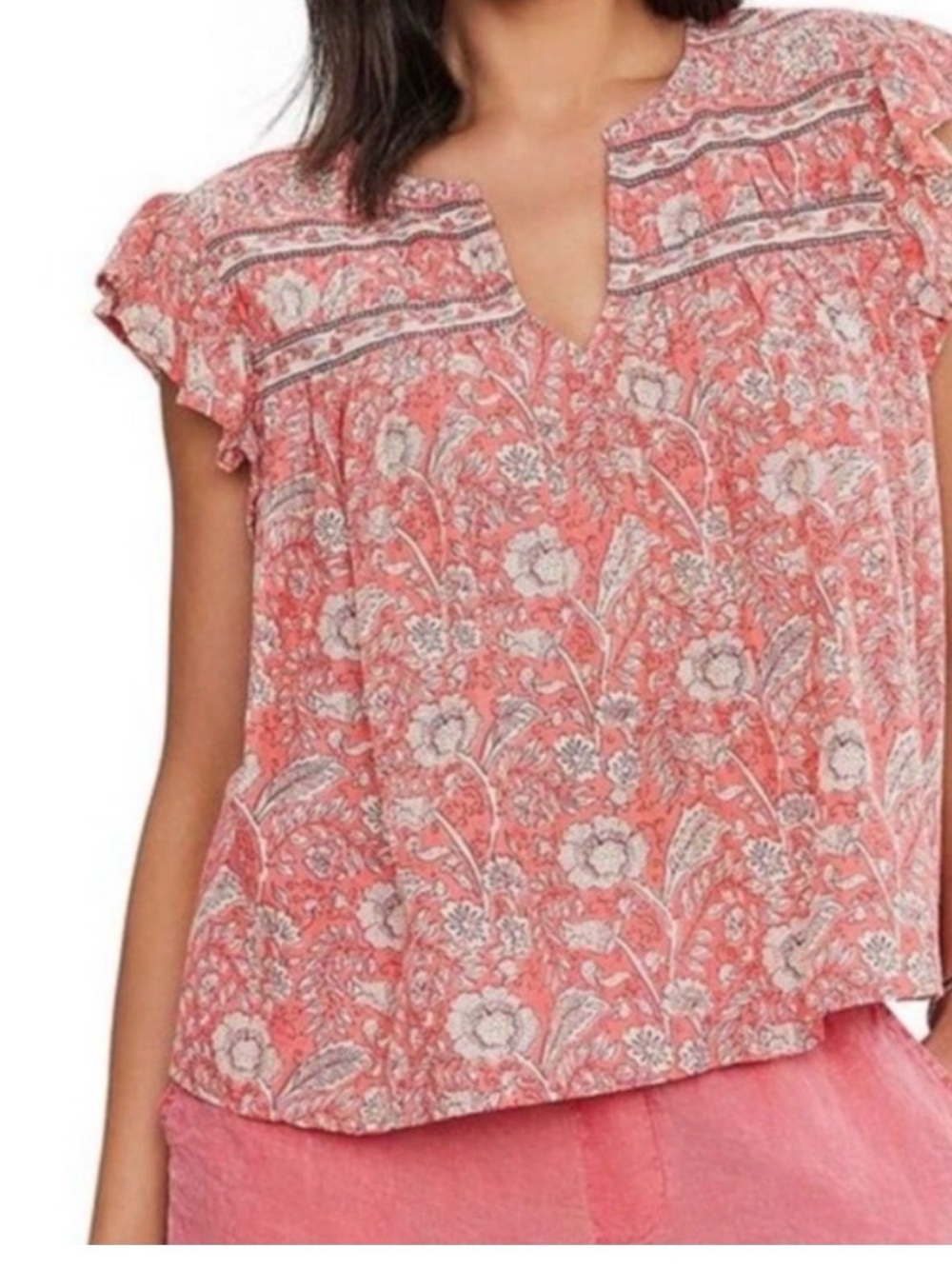 Velvet by Graham & Spencer Coral Floral Split V-Neck Cap Sleeve Blouse